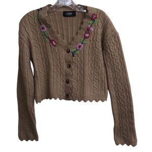 Cider Brown Knit Cardigan with Pink Floral Details